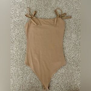 American Eagle Tan Thong Bodysuit with Spaghetti Straps and Mini Bows